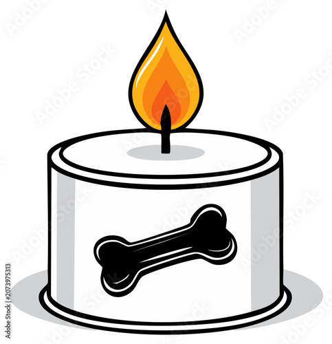 Cartoon candle illustration with bone icon and burning flame, pet memorial design concept.