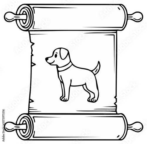 Scroll with Dog Illustration - Black and White Line Art Style