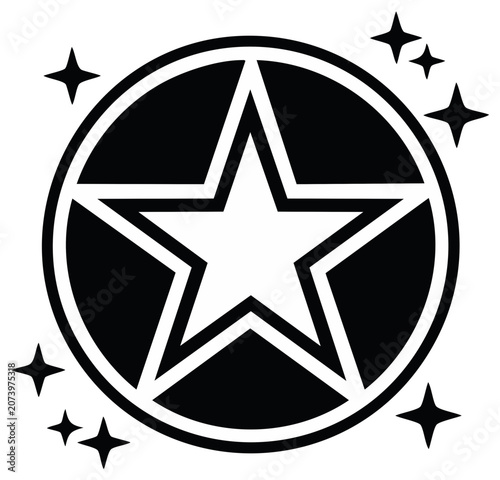 Stylized five-pointed star inside a circle with sparkling starbursts