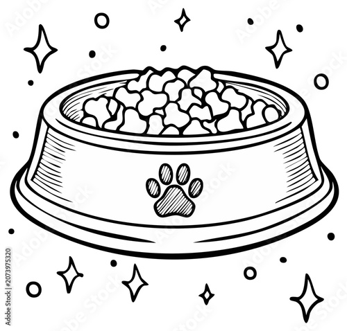 Outlined dog food bowl drawing filled with bone-shaped kibble with a paw print design and star accents.