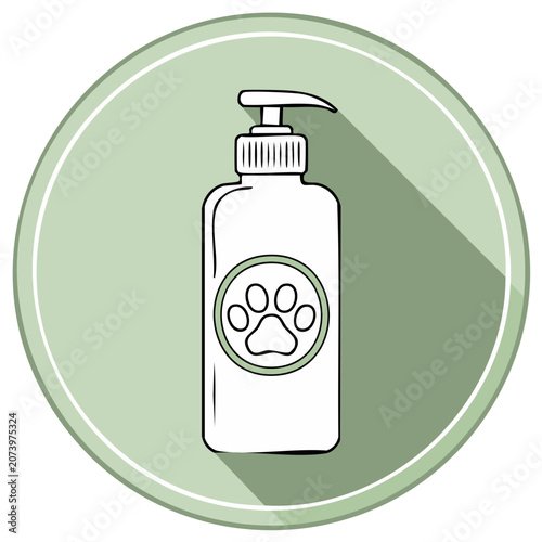 Flat icon of a pet shampoo dispenser bottle with a paw print logo for animal grooming