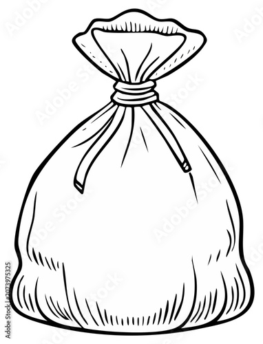 Simple line drawing of a tied sack or bag with a drawstring closure for contents