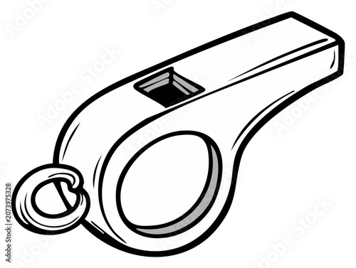 Illustration of a simple black and white sports whistle with a ring and sound hole