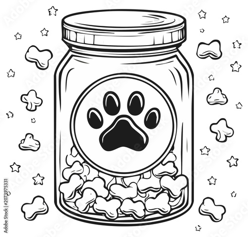 Line Art Drawing of Dog Treats in a Jar with Paw Print Graphic and Star Accents