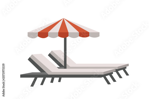 Beach Chairs and Umbrella Illustration. Lounge Chairs and Sun Umbrella. Beach Chairs Under Parasol. Swimming Pool Lounge Chairs.