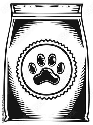 Bag of Dog Food with Paw Print Icon Packaging Illustration in Black and White Style
