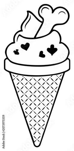 Ice Cream Cone with Hearts, Bone, and Whip Cream Topping, Outline Style