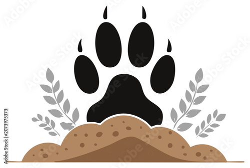 Dog paw print illustration with decorative foliage and soil, animal footprint logo