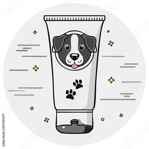Dog shampoo tube with paw prints and cute dog face illustration