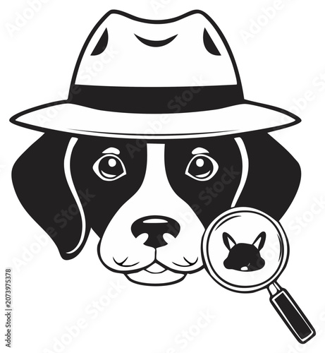 Black and white dog detective wearing hat with magnifying glass showing animal face icon