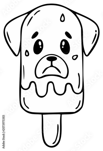 Cartoon dog ice cream drawing on a stick, cute and sad expression