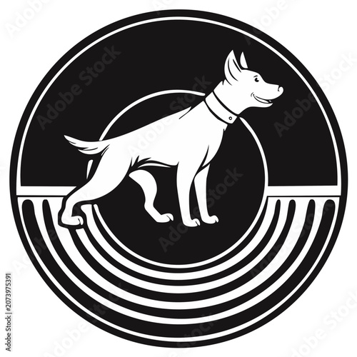 Stylized White Dog in Circle Emblem Silhouette with Abstract Geometric Pattern