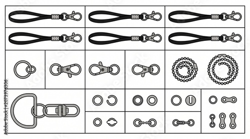 Keychain Hardware and Lanyard Accessories Vector Set with Swivel Hooks, Rings, and Ball Chains