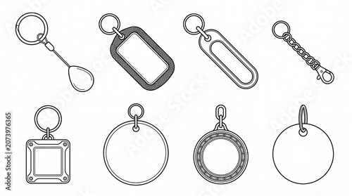 Set of Blank Keychain Mockup Icons - Vector Line Art Illustrations of Various Key Ring Fobs and Tags