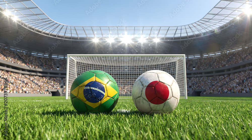 Obraz premium Brazil vs Japan national footballs on pitch in front of stadium goal