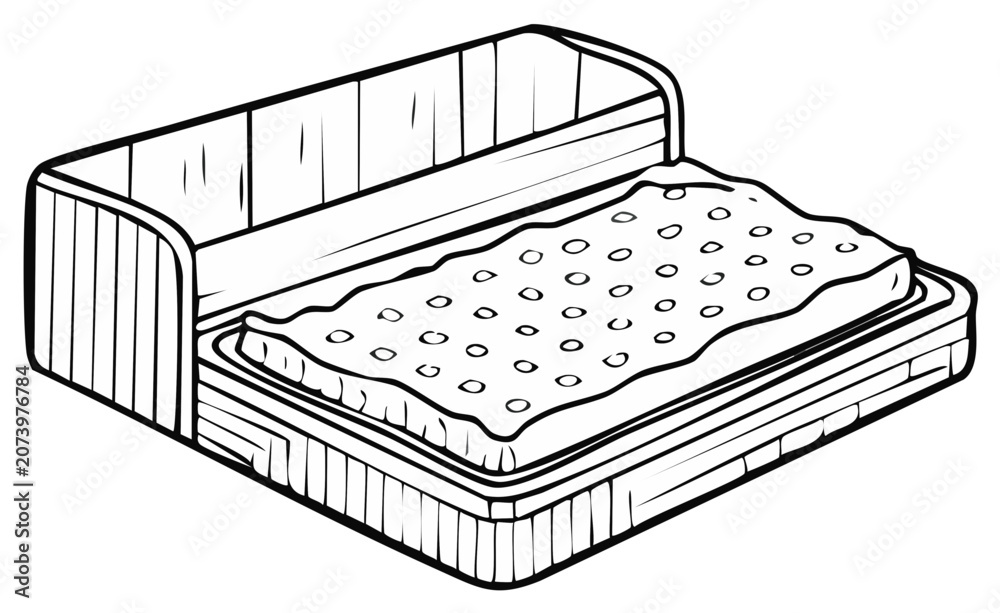 Naklejka premium Illustration of a mattress with a tufted surface inside a box spring bed frame