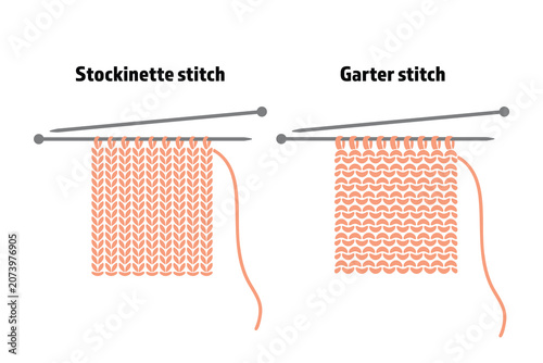 Stockinette and garter stitch knitting patterns with needles, knit stitch comparison vector diagram.