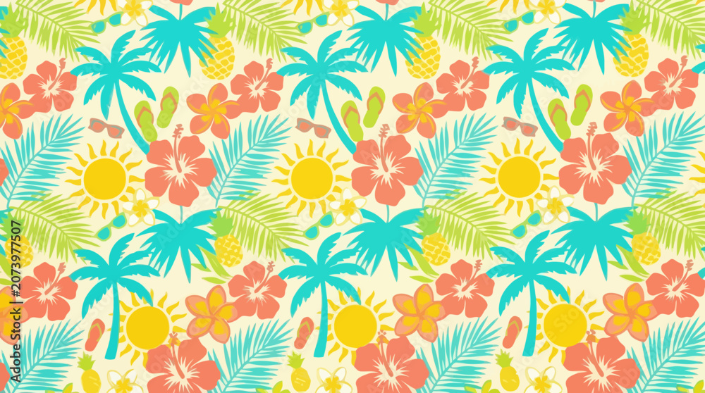 Fototapeta premium Vibrant summer sale concept illustration featuring isolated palm trees and flowers on an editable svg.