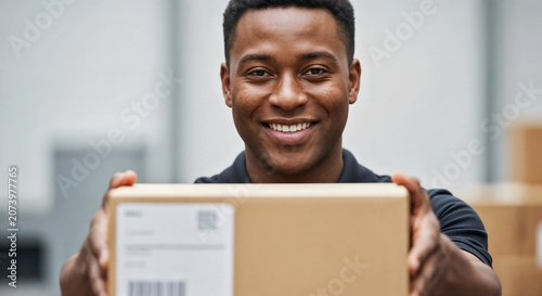 Smiling African American man delivering package directly to camera with outstretched hands, professional man delivering package wears a black uniform shirt, holding cardboard box with shipping label.