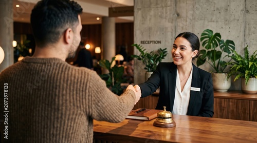 Hotel guest shaking hands with friendly female receptionist at check-in counter.