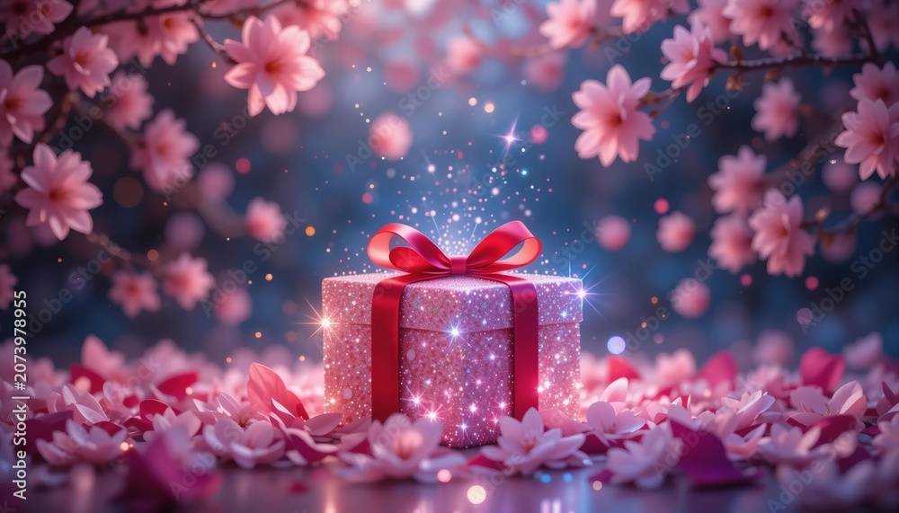 Fototapeta premium Sparkling pink gift box among falling blossoms