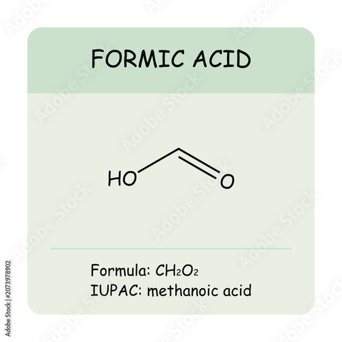 Foto Formic acid molecular structure with chemical formula CH2O2 and IUPAC name methanoic acid
