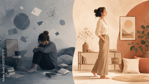 Before and After Style Illustration of Personal Growth and Transformation