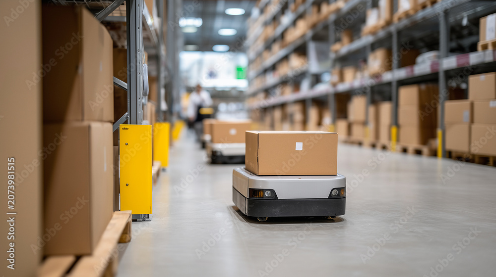 Fototapeta premium Autonomous robot moving cardboard box in modern warehouse