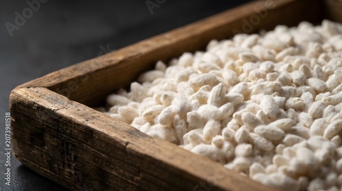 Puffed rice cereal grains in rustic wooden box close up healthy organic food background

