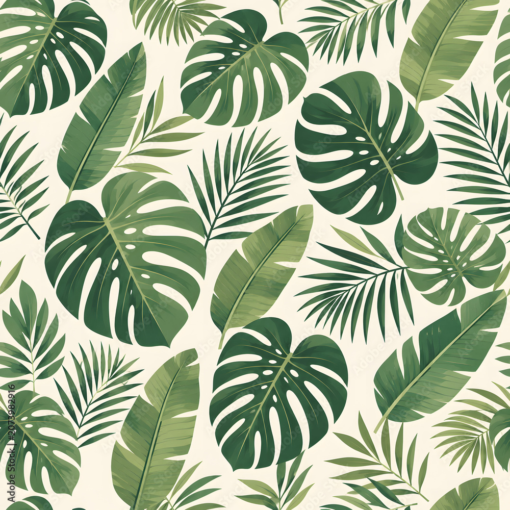 Fototapeta premium Tropical Monstera Leaves Pattern on White Background Minimalist Botanical Design