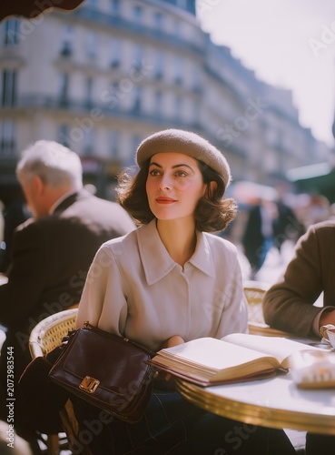 Elegant Woman Reading Book at Outdoor Parisian Cafe in Vintage Fashion