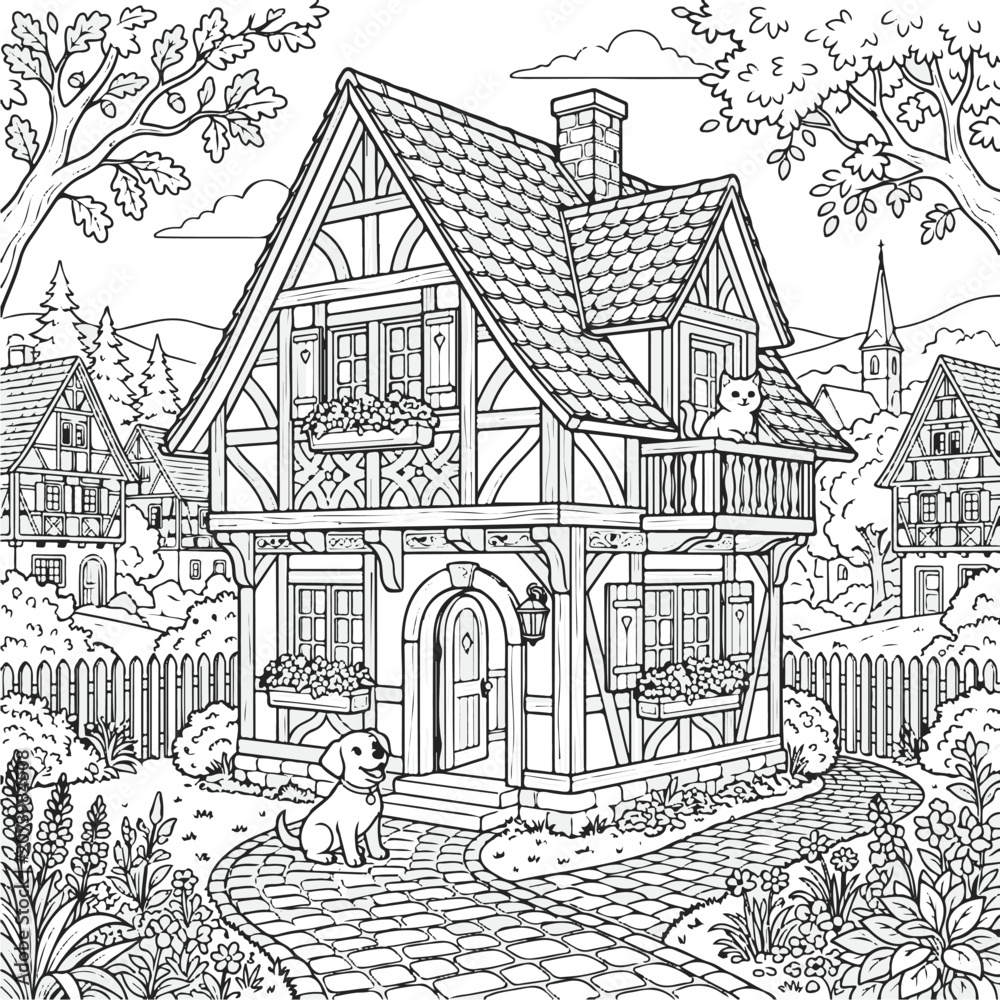 Obraz premium premium pet house design for dogs and cats modern animal shelter cartoon clipart and line art print illustration vector colouring book for children drawn hand drawn.