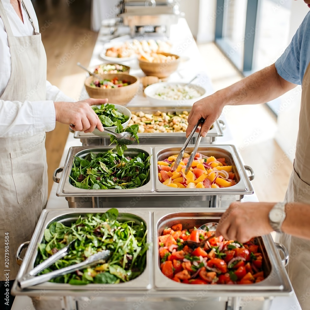 Obraz premium Catering buffet setup with fresh salads and fruit display