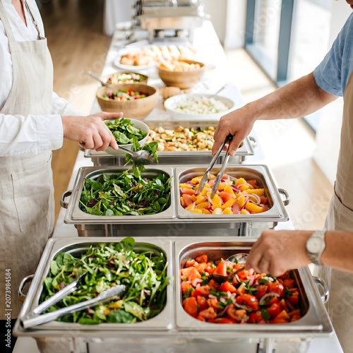 Catering buffet setup with fresh salads and fruit display