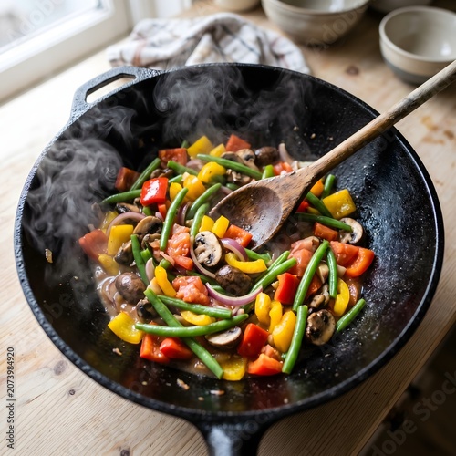 Sizzling stir fry fresh vegetables cooking in a cast iron wok