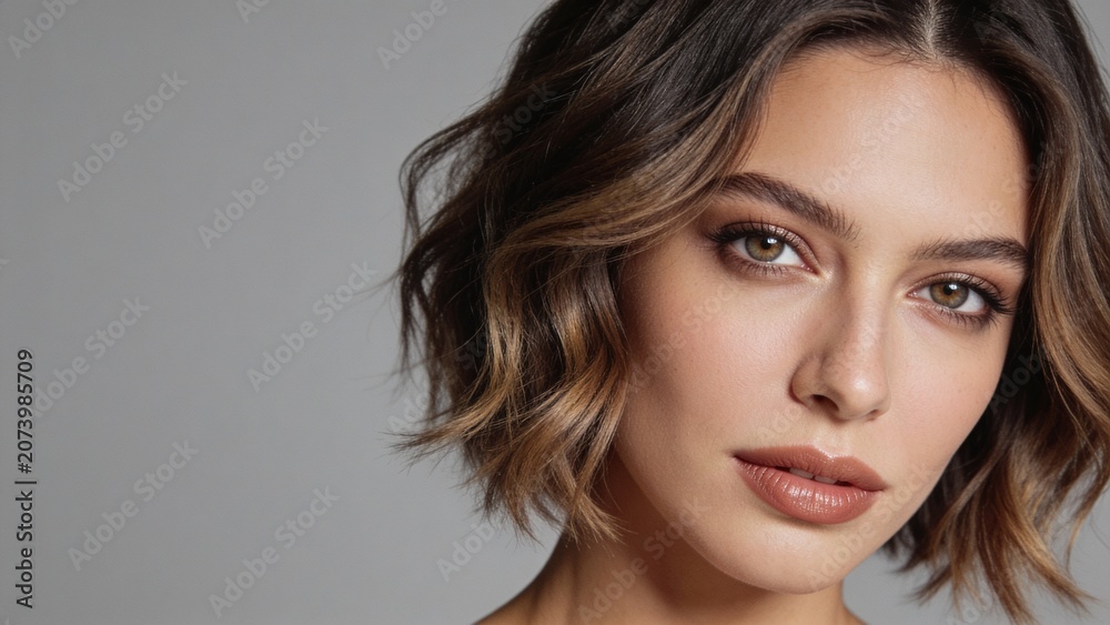 Fototapeta premium Elegant female model with chic hairstyle, minimal grey background