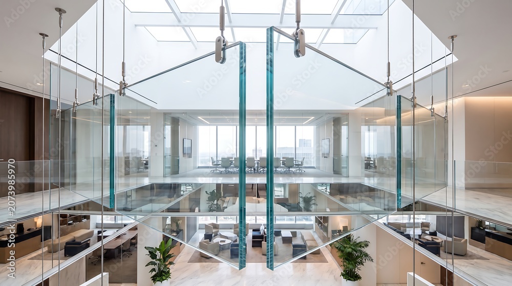 Fototapeta premium Modern office interior with glass partitions and open space