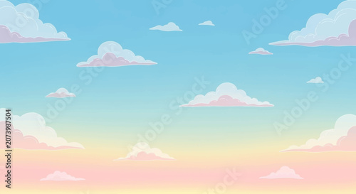 A serene cartoon sunset with fluffy clouds.