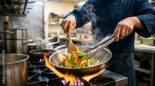 Professional chef stir frying fresh vegetables in a commercial kitchen