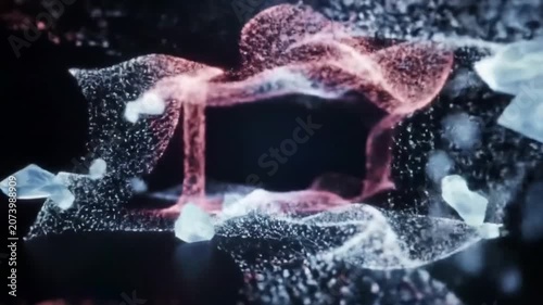 Particles swirl into an ethereal glowing structure amidst a deep void of floating crystals.