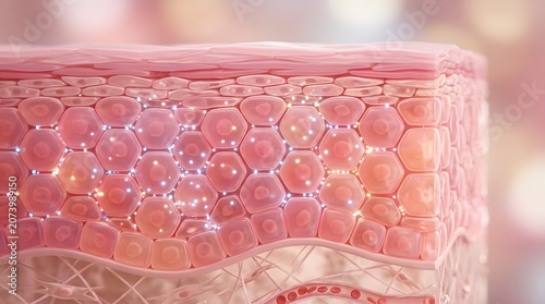 3d rendering of human skin layers, closeup view of epidermis and dermis with cellular structure and glowing particles for skincare and dermatology concept