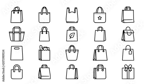 Shopping bag icon set, retail paper and eco-friendly tote bag vector elements