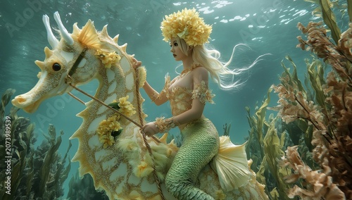 Fantasy Mermaid Riding Ornate Seahorse in Underwater Ocean Garden