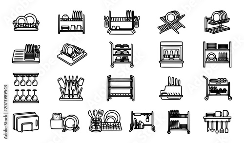 Photography Dish drying rack icon set, kitchen tableware storage and organizer elements