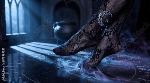 Close up of witch feet in black lace stockings with crescent moon amulet stepping on magic circle with smoke gothic occult concept
