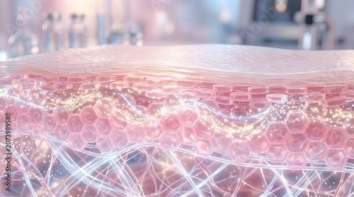 3d render of human skin layers with collagen and elastin fibers, representing skincare, dermatology, antiaging treatment, and cellular regeneration
