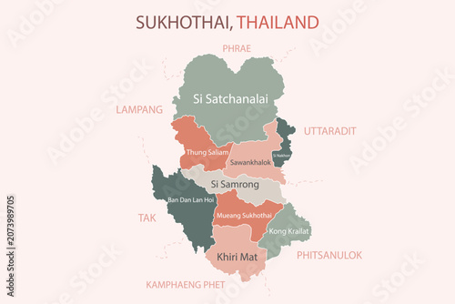 Cuadro en lienzo Sukhothai Thailand province map illustration with district names