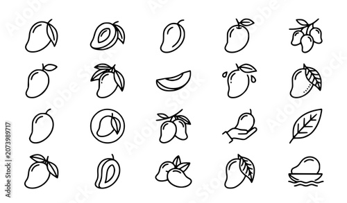 Mango icon set, fresh tropical fruit and organic harvest vector elements