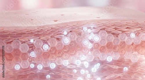 3d rendering of skin layers with glowing serum particles penetrating the epidermis for deep hydration, skincare, and beauty treatment concept