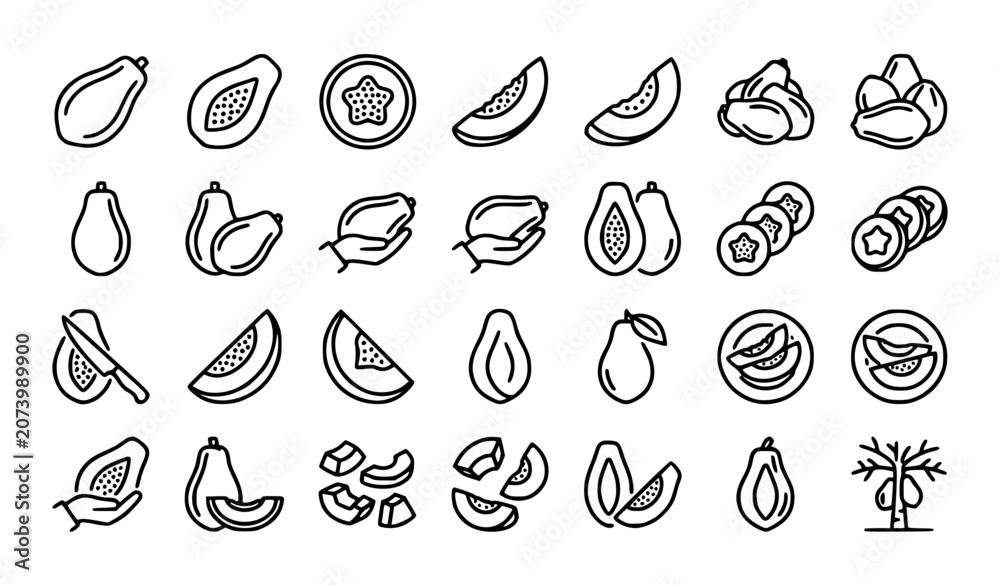 Fototapeta premium Papaya fruit, fresh harvest and healthy food icon set